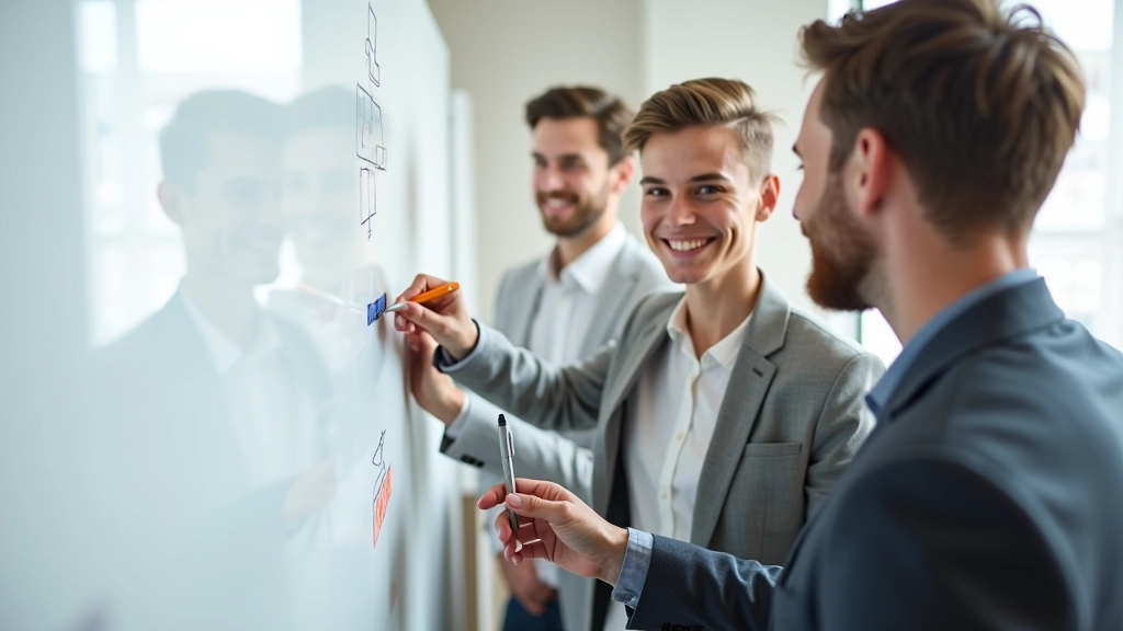 Team sitzt zusammen und plant gemeinsam an Whiteboard mit verschiedenen Farbmarkern