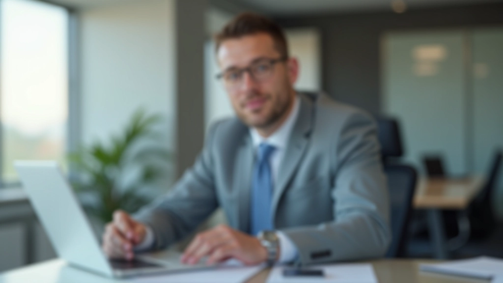 Mitarbeiter arbeitet konzentriert am Laptop mit selbstbewusstem und fokussiertem Ausdruck