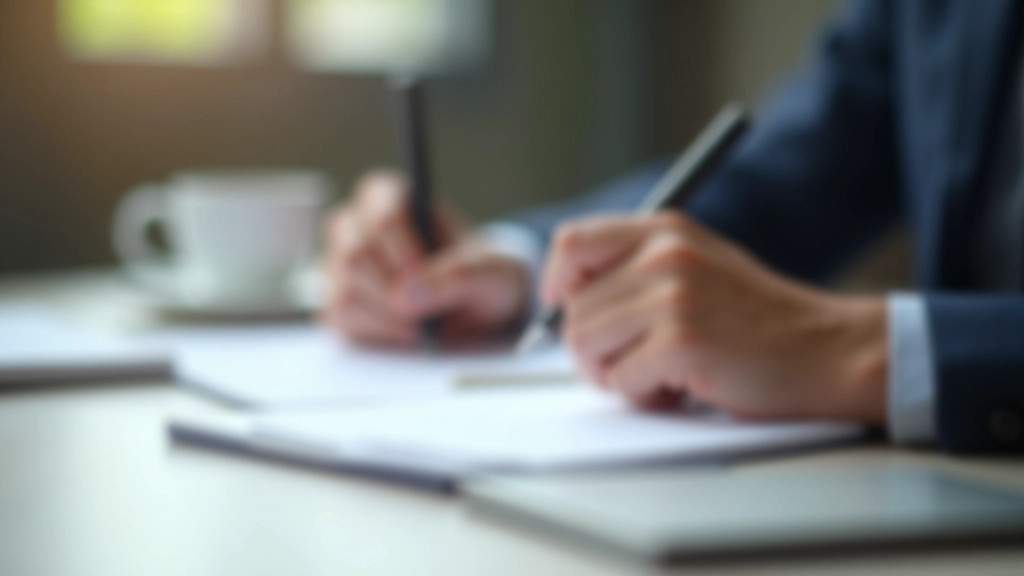 Nahaufnahme von Händen, die Notizbuch und Stift halten während des Schreibens im modernen Büro