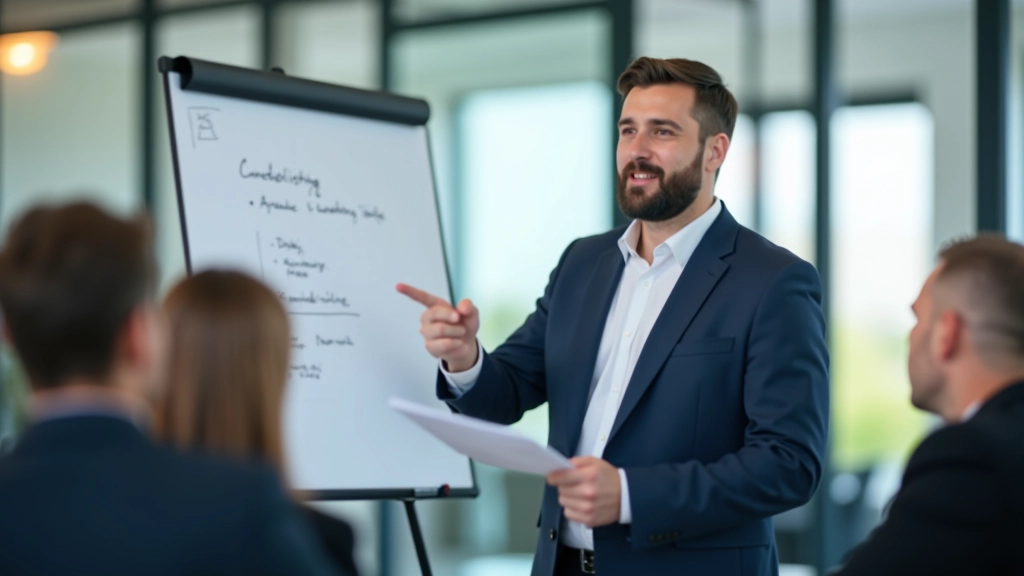 Moderatoren-Trainerin führt Workshop mit Flipchart in professionellem Trainingsraum durch