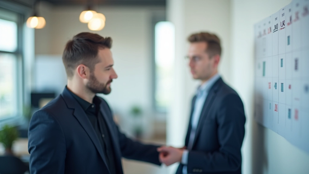 Zwei Kollegen stehen vor Wandkalender mit Meilensteinen, zeigen auf Termine, Planung sichtbar, Zusammenarbeit