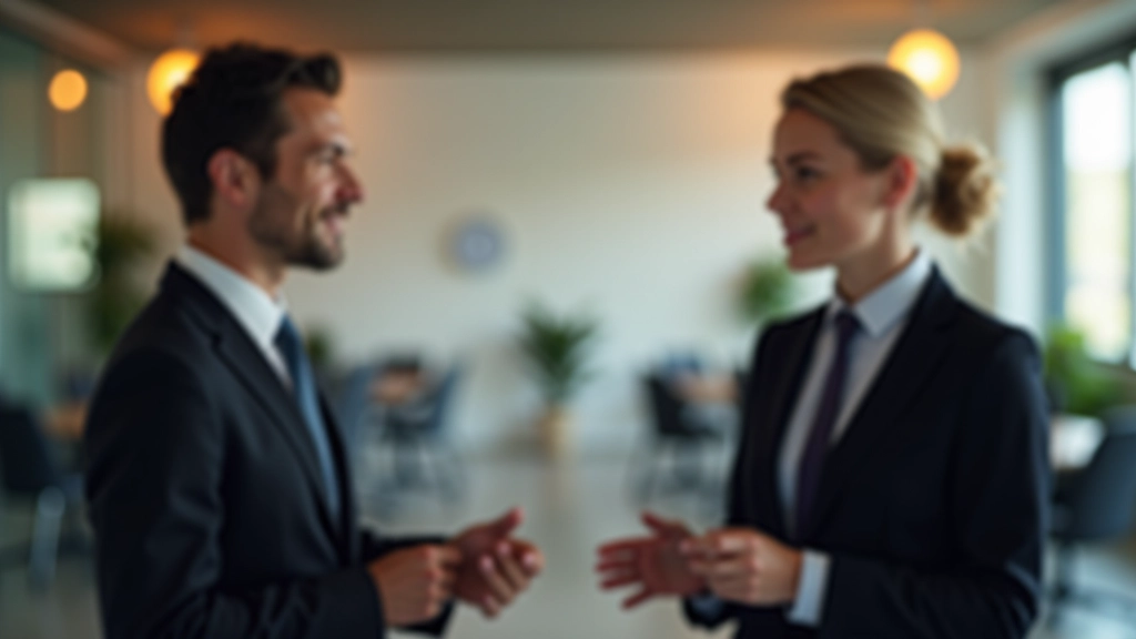 Zwei Profis führen Eins-zu-eins Gespräch im modernen Büro mit offener Körpersprache