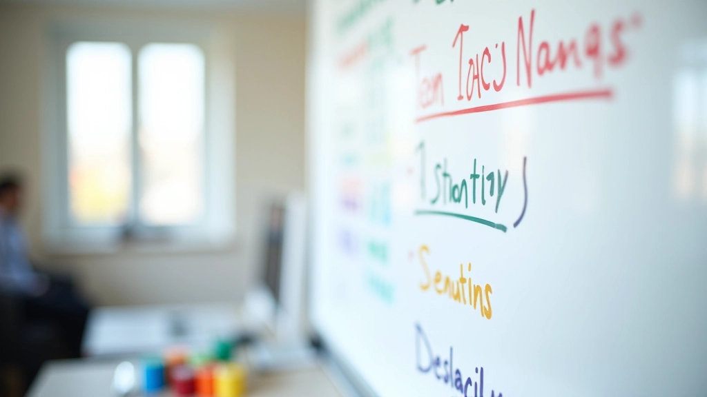 Flipchart mit handschriftlichen Notizen zu Zielen und Strategien, mehrfarbige Marker, bunte Post-its an der Wand