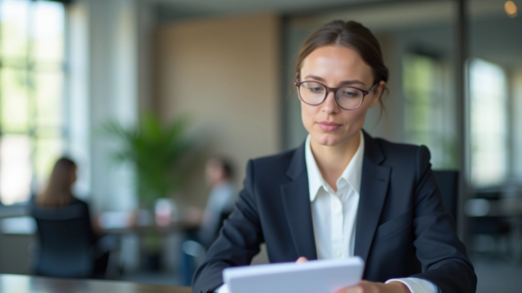 Person sitzt nachdenklich am Schreibtisch, schaut auf Notizbuch, helles Büro mit Fensterblick, warmes Licht