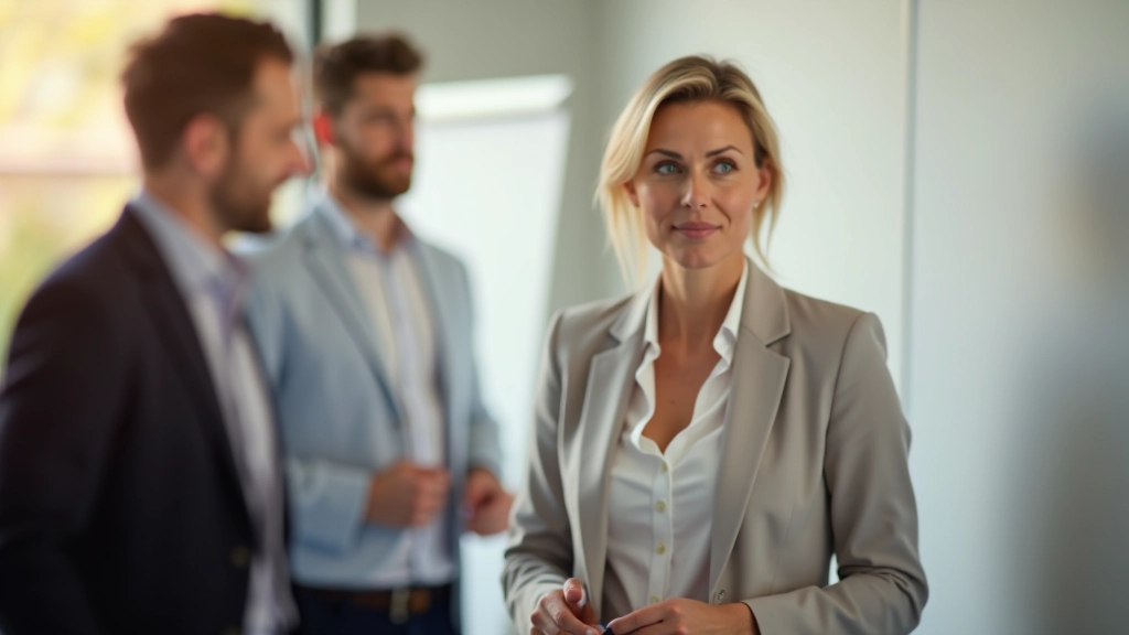 Führungskraft in modernem Büro spricht mit Team über Whiteboard mit Strategie und Zielen